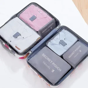 6-piece luggage organizer set for clothes, shoes, and packing.